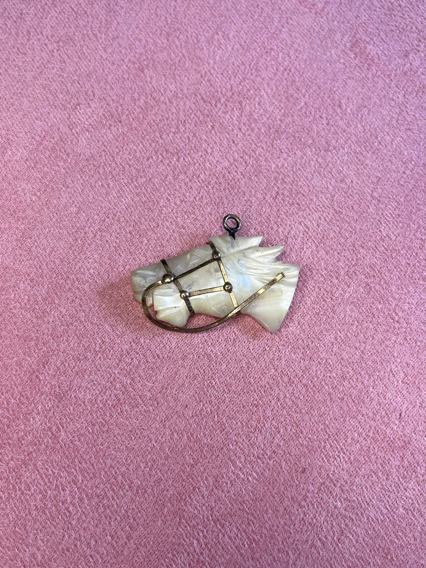 Victorian 1890's Hand Carved Mother of Pearl with Gold Filled Wiring Equestrian Horse Pendant