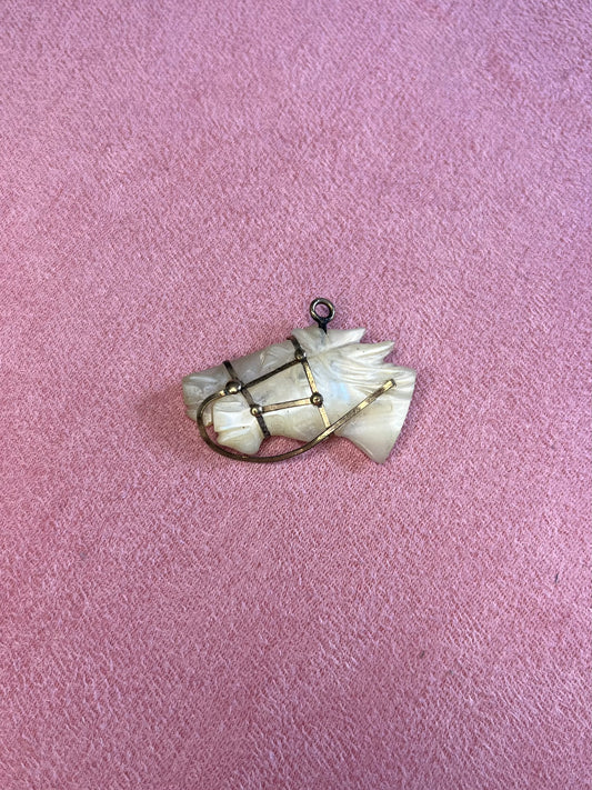 Victorian 1890's Hand Carved Mother of Pearl with Gold Filled Wiring Equestrian Horse Pendant