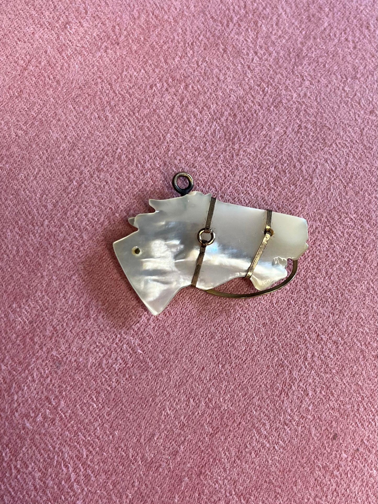 Victorian 1890's Hand Carved Mother of Pearl with Gold Filled Wiring Equestrian Horse Pendant