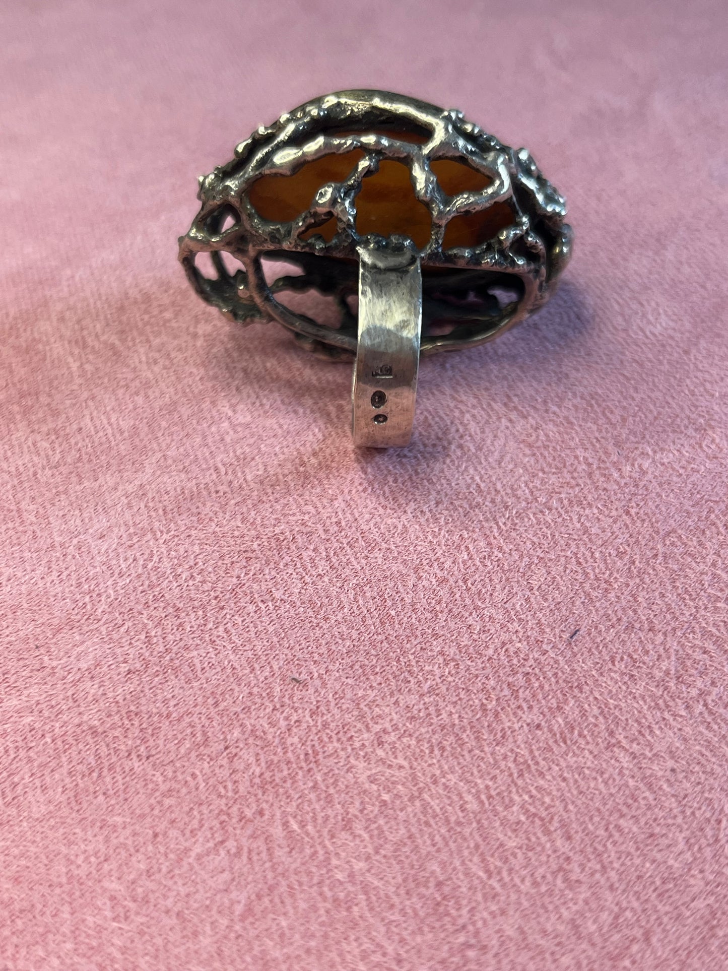 Extra Large Genuine Baltic Amber Mid Century Modern Ring
