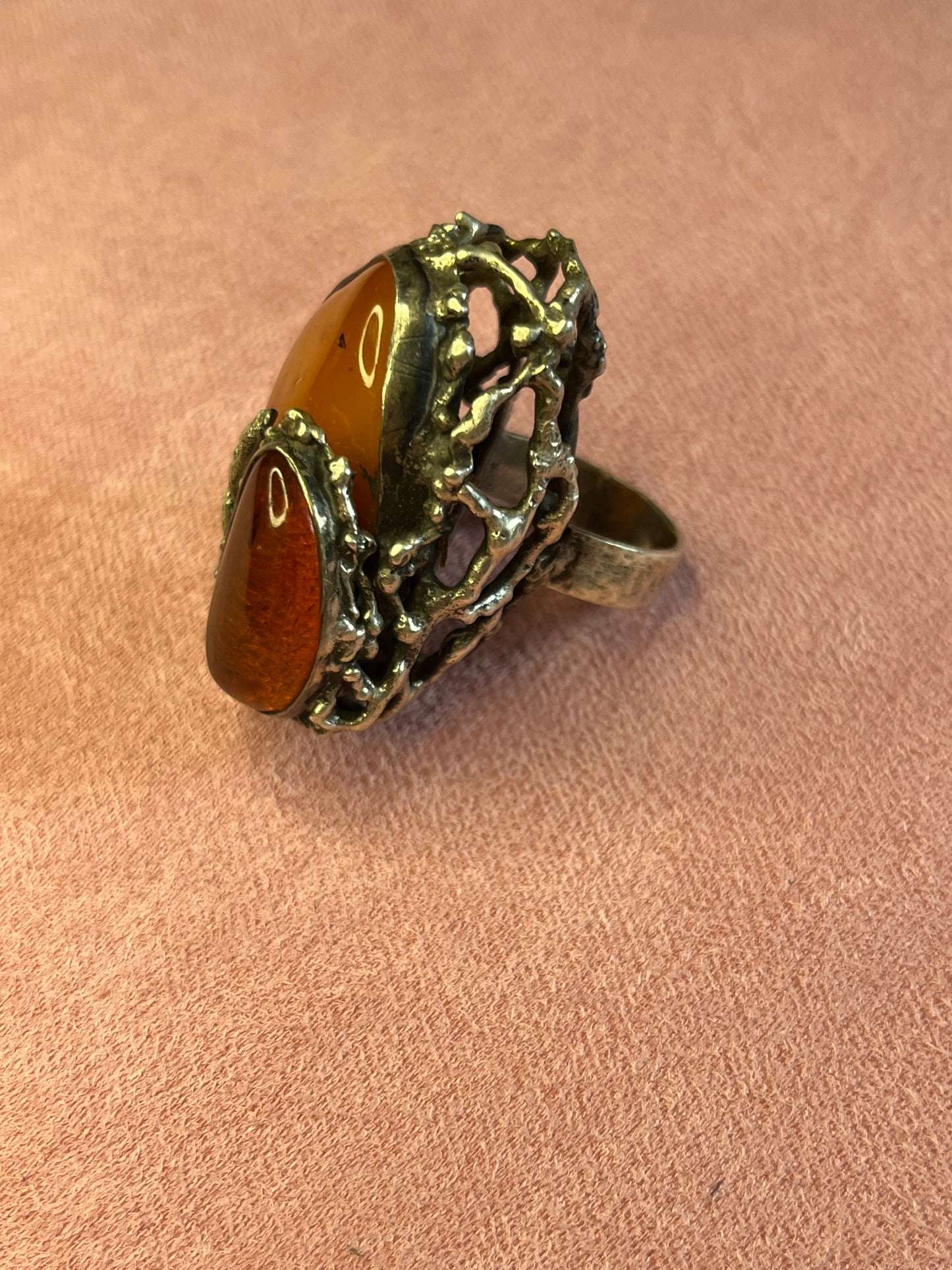 Extra Large Genuine Baltic Amber Mid Century Modern Ring