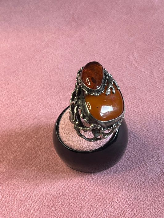 Extra Large Genuine Baltic Amber Mid Century Modern Ring