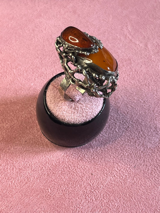 Extra Large Genuine Baltic Amber Mid Century Modern Ring
