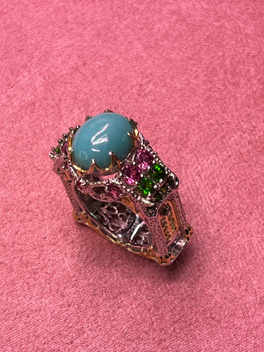 Unique Geometric Sterling Silver 925 Genuine Turquoise Ring