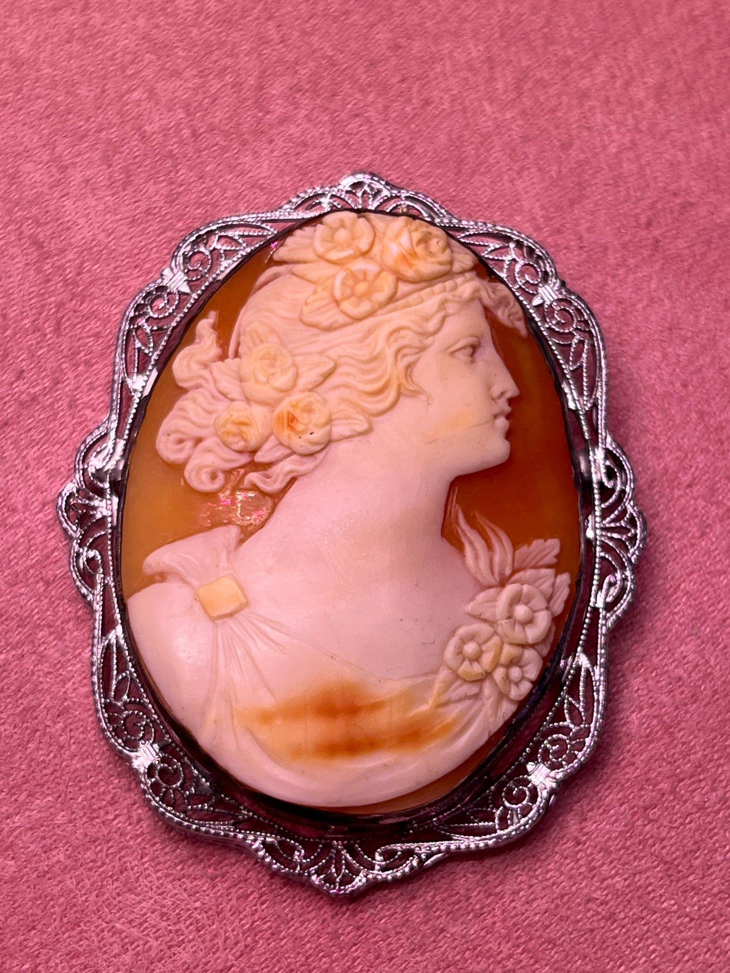 Vintage 1930-40's Intricate Hand Carved Cameo set in Sterling Silver