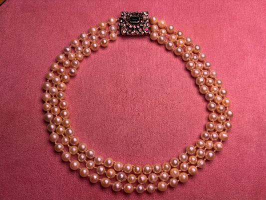 Genuine 1940's cultured pearl Necklace  Large Sterling clasp